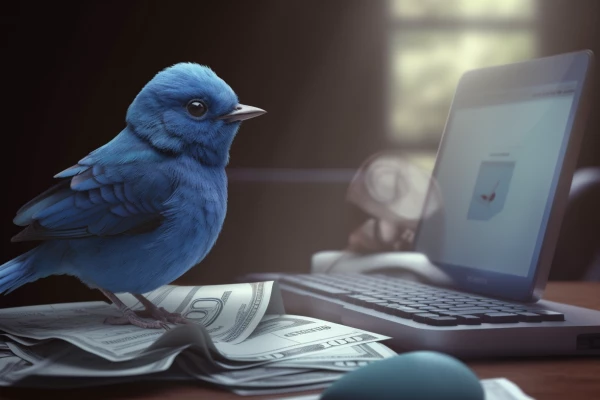 A blue bird in front of a laptop