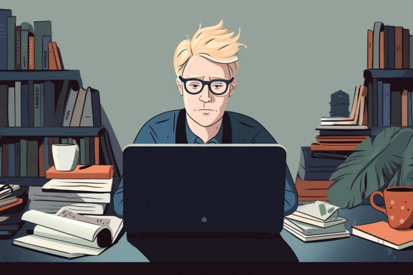 MidJourney Prompt: a blond blogger sitting in front of his laptop at a desk with a lot of books around him